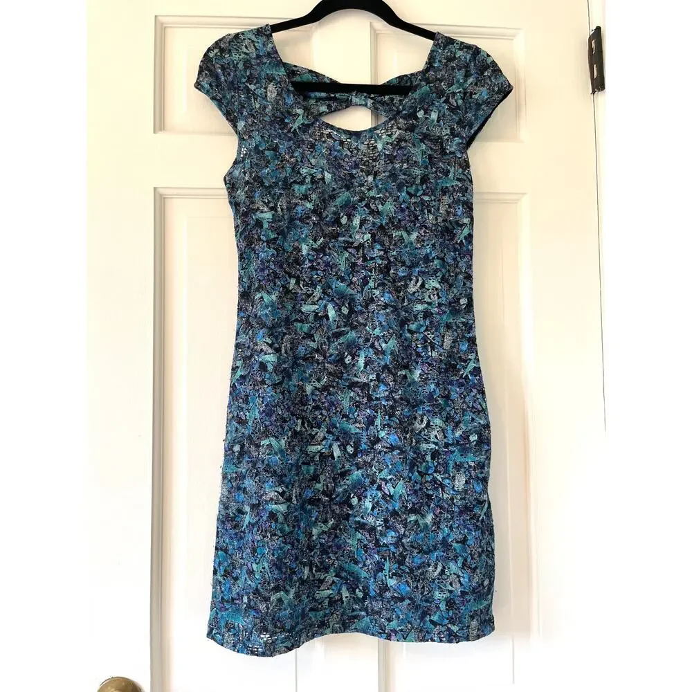 Free People Everything Nice Teal Lace Back Bow Cut Out Bodycon Dress Small 💙